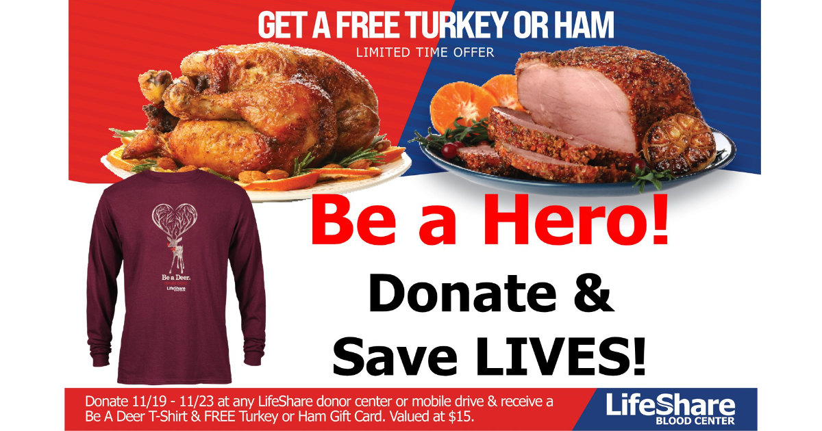 LifeShare Blood Center Offering Free Turkey or Ham to Holiday Donors