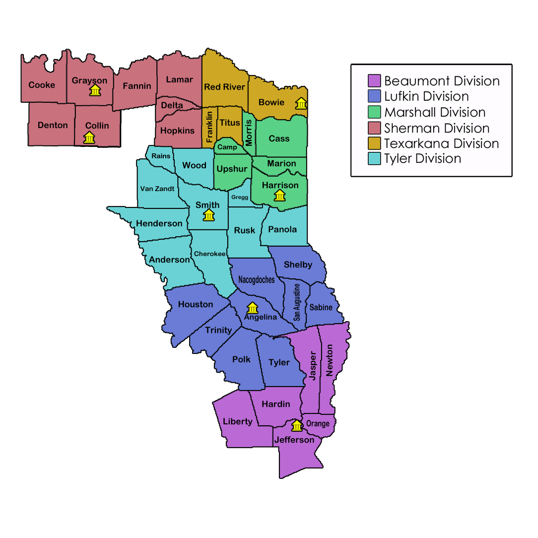 Map of the six divisions of the U.S. District Court for the Eastern District of Texas