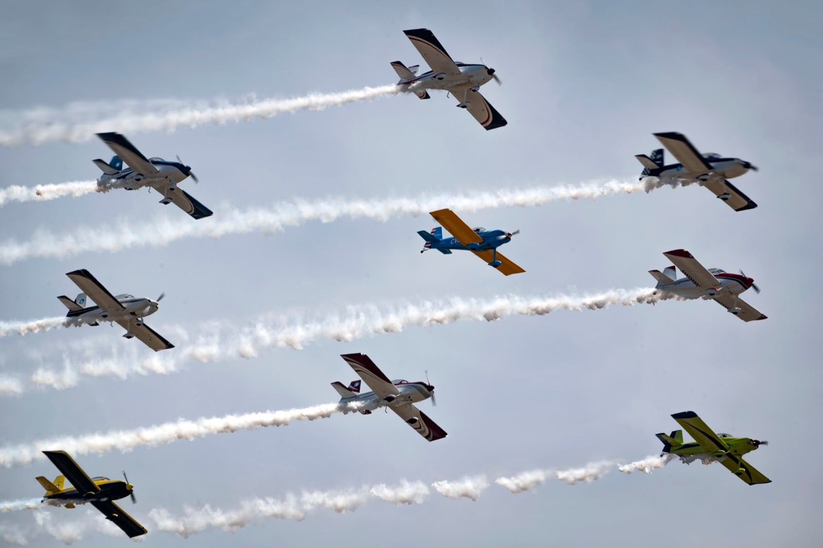 The Full Throttle Formation Team flying in formation with smoke trails