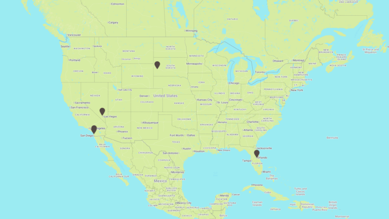 Map of the five U.S. On The Border franchise locations remaining open in South Dakota, Nevada, Southern California and Florida