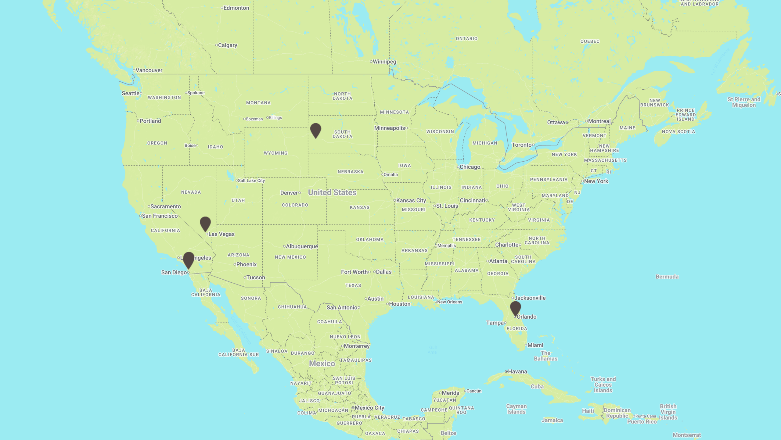 Map of the five U.S. On The Border franchise locations remaining open in South Dakota, Nevada, Southern California and Florida