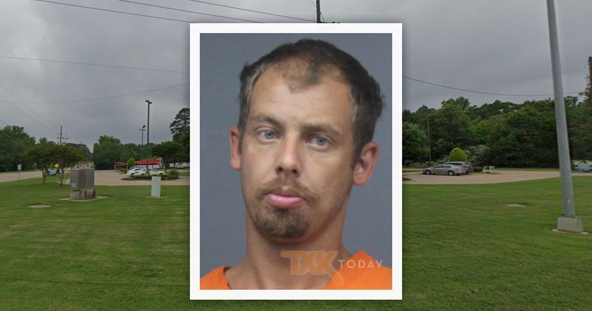 Dalton Dean Radke booking photo over a background image of the Guaranty Bank branch on West 7th Street, with a subtle TXK Today watermark over the lower mugshot.