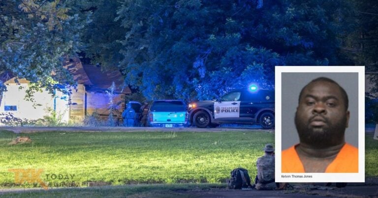 Police at the Pine Street SWAT standoff with an inset mugshot of Kelvin Thomas Jones.