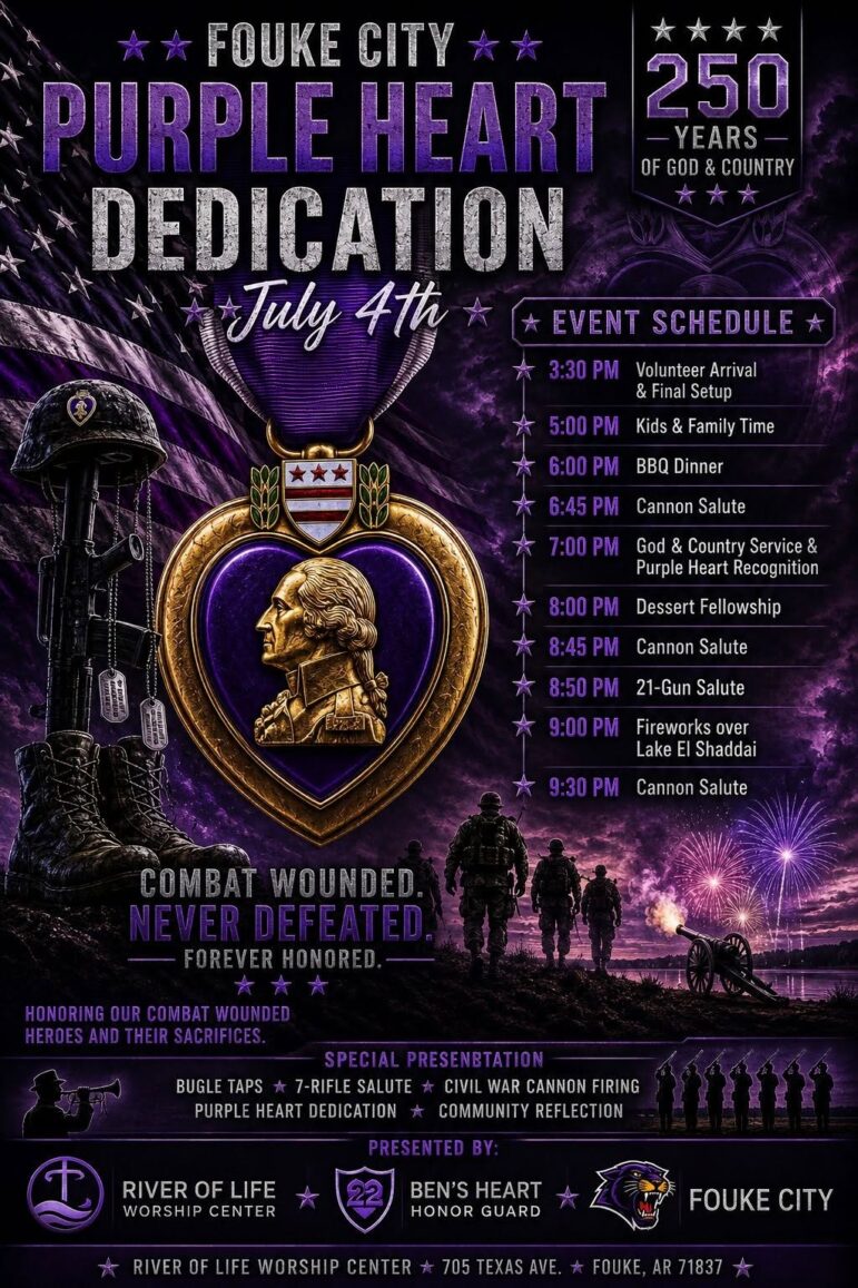 Fouke City Purple Heart Dedication and God and Country 250th Celebration flyer
