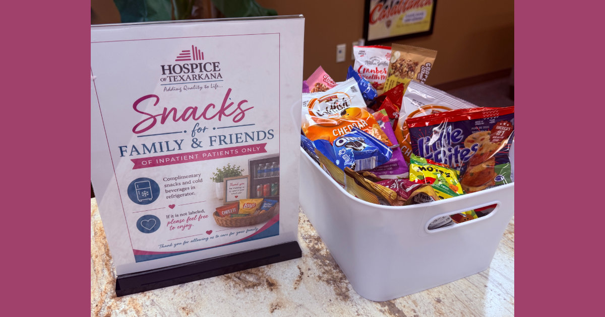 Hospice of Texarkana is asking the community for individually wrapped snacks and canned drinks for families of patients in our Inpatient Care Center.