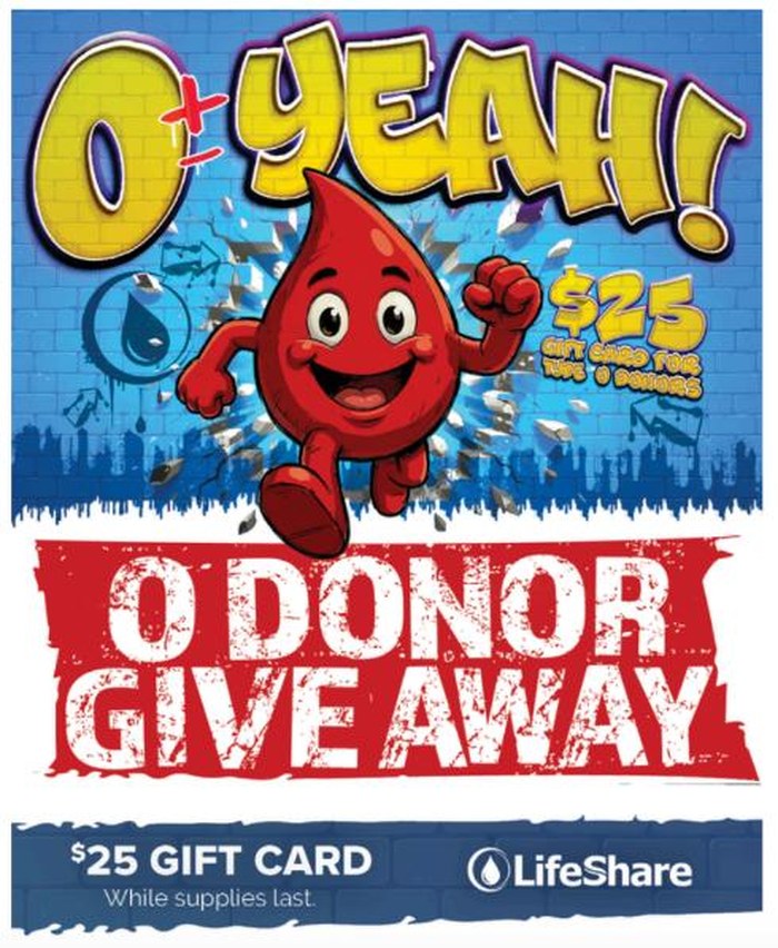 LifeShare Blood Center Type O $25 gift card offer