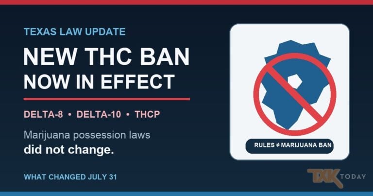 Graphic explaining that a new Texas THC ban covers delta-8, delta-10 and THCP while marijuana possession laws did not change