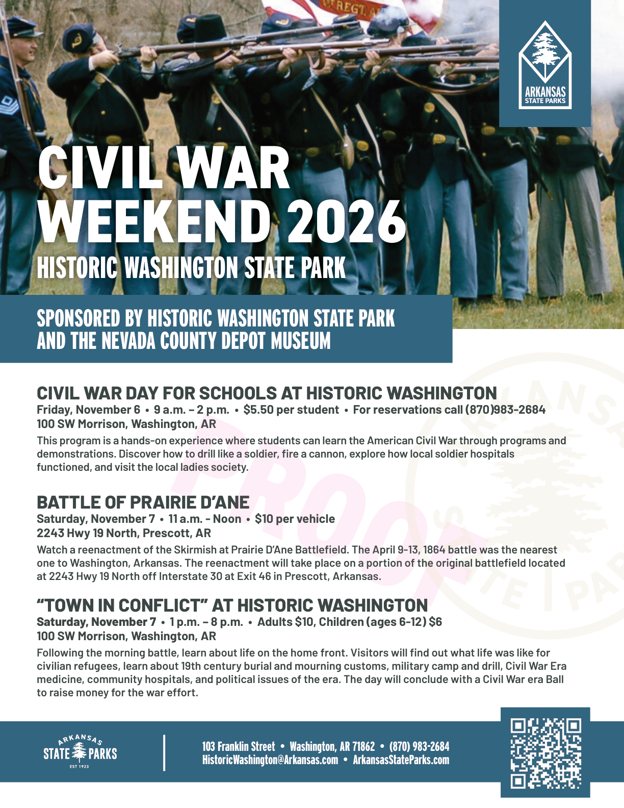 Civil War Weekend 2026 flyer at Historic Washington State Park and Prairie D'Ane Battlefield