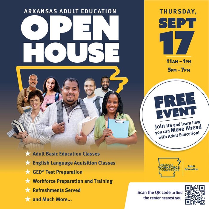 Arkansas Adult Education Open House flyer with program list and QR code
