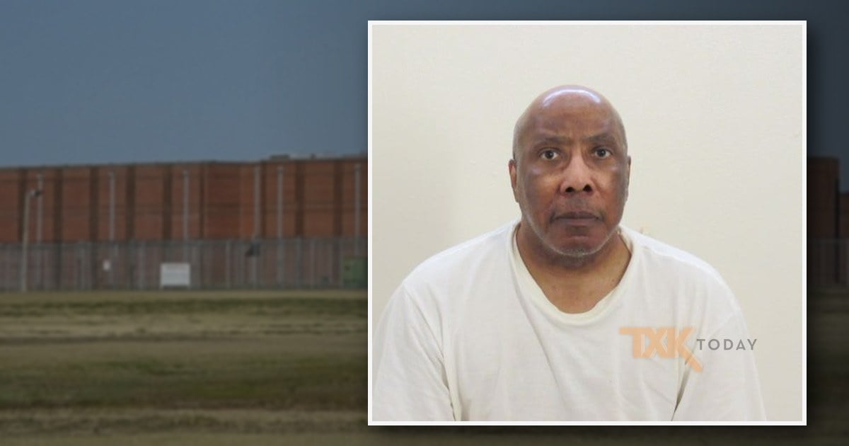 Arkansas Division of Correction photo of Andrew Sasser in a white prison shirt, over a photo of a brick prison behind a fence