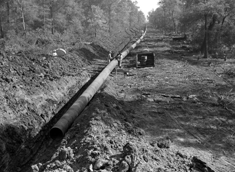 The right-of-way through the woods, state line to Gurdon. Photo: John Vachon, Office of War Information, Library of Congress. Big Inch right-of-way through the woods of southwest Arkansas, 1942