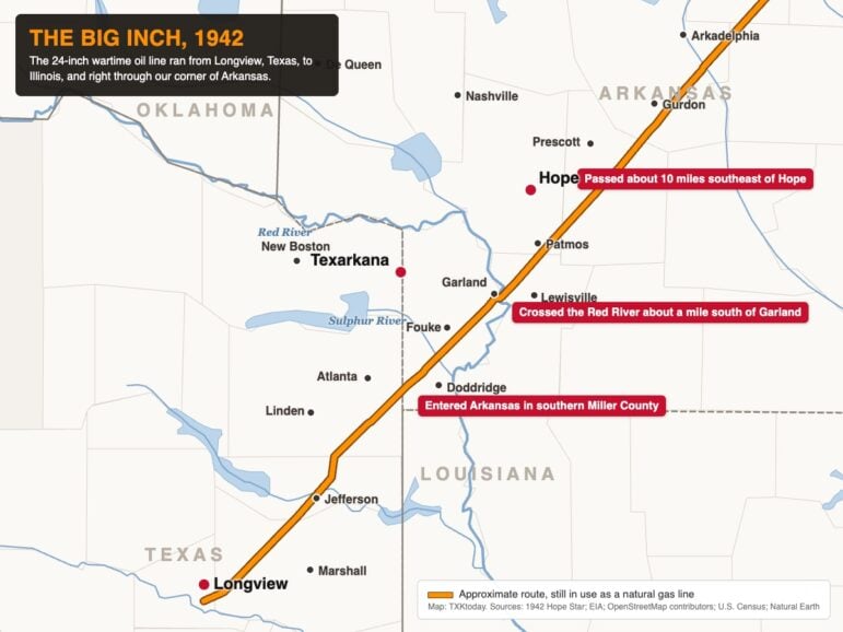 Map of the Big Inch pipeline route through Miller, Lafayette and Hempstead counties