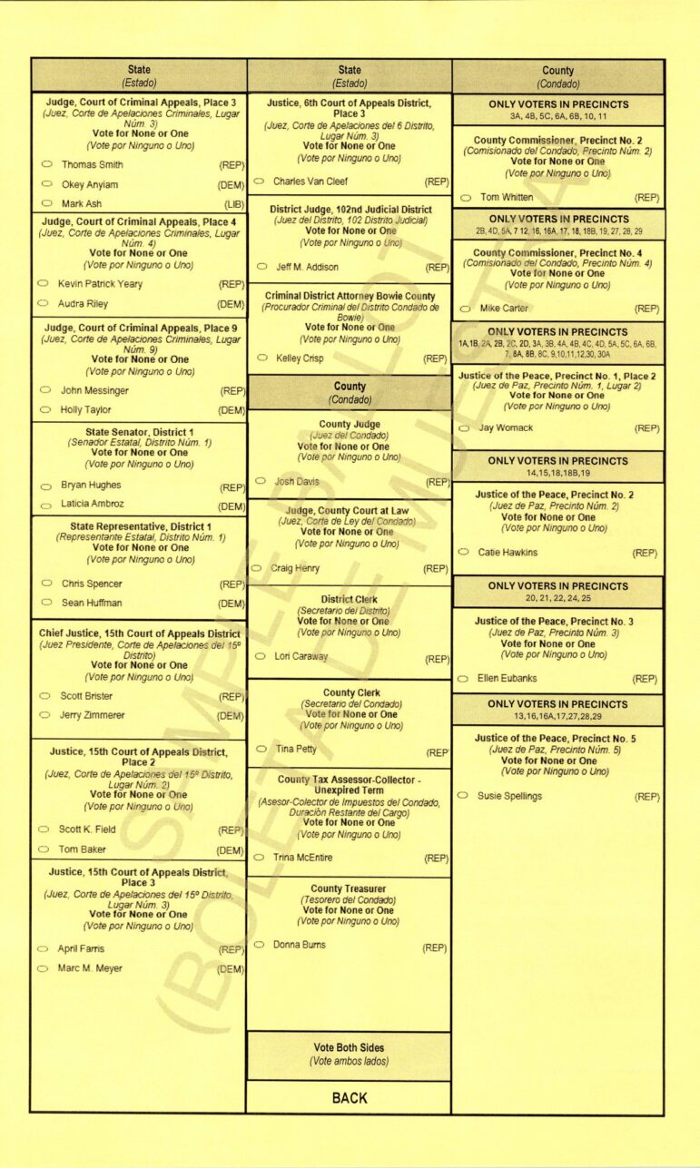 Back of the Bowie County, Texas combined sample ballot for the November 3, 2026 general election