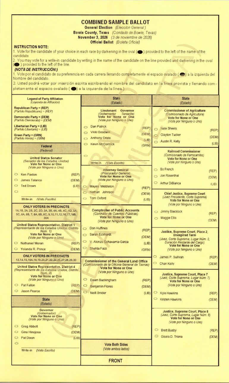 Front of the Bowie County, Texas combined sample ballot for the November 3, 2026 general election