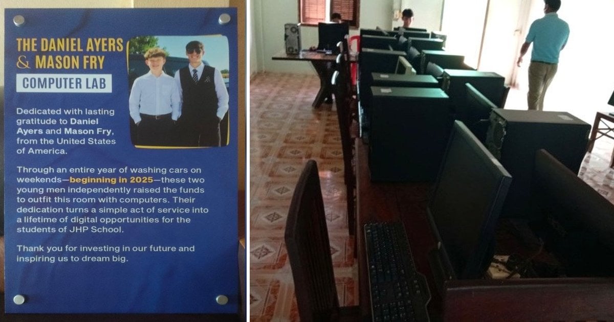 Left, a plaque dedicating the Daniel Ayers and Mason Fry Computer Lab; right, rows of computers in the new lab at JHP Skola in Cambodia