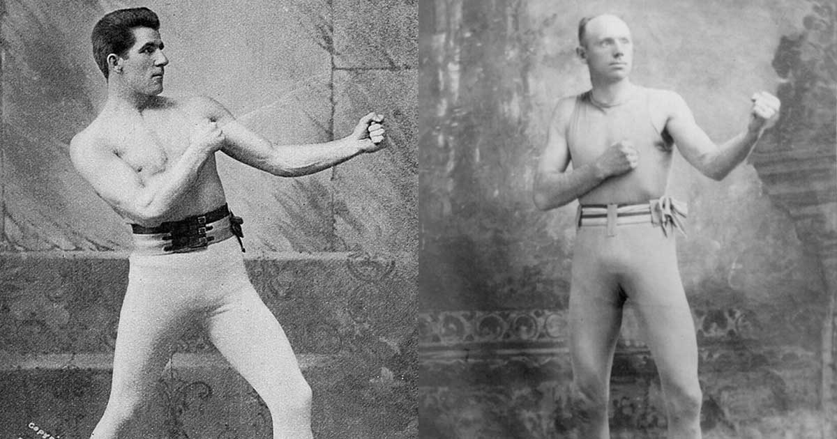 Heavyweight boxers James J. Corbett, left, and Bob Fitzsimmons in 1890s studio portraits