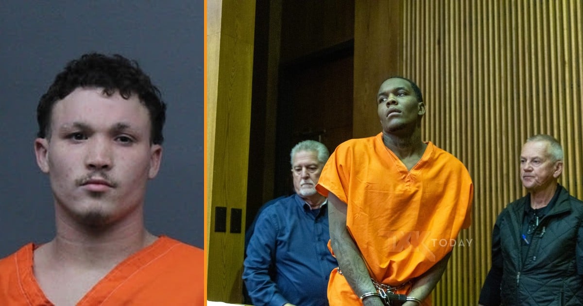 Booking photo of Michael Flores beside a photo of Omarion Owens in an orange jail uniform and handcuffs being escorted into court