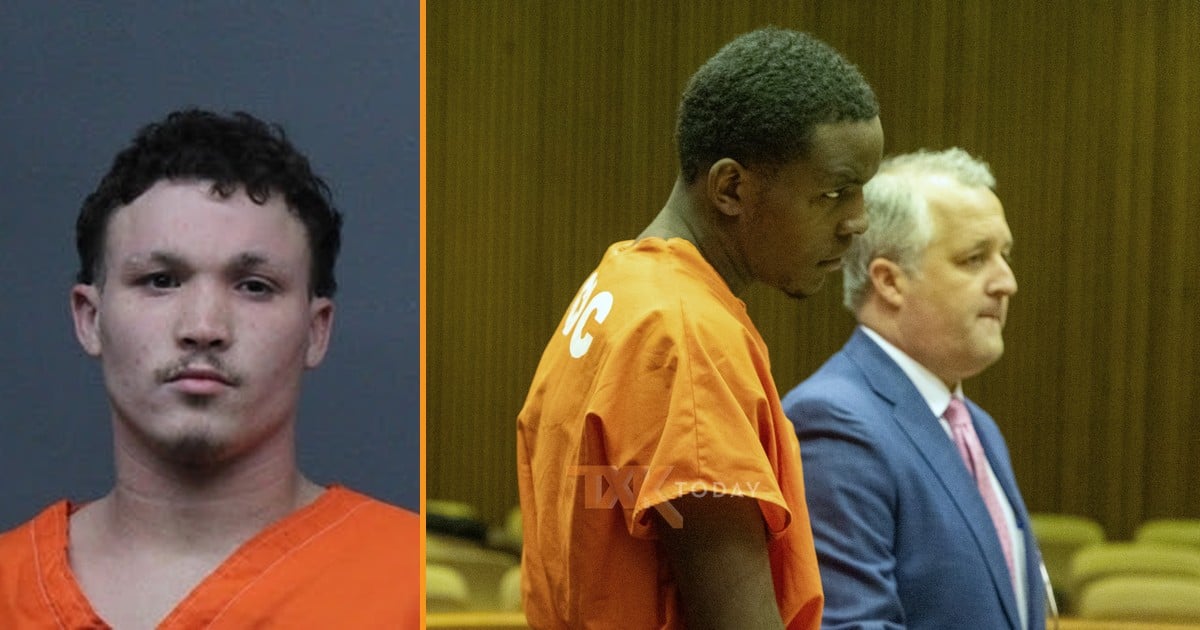 Booking photo of Michael Flores beside a photo of Omarion Owens in an orange jail uniform standing in a Bowie County courtroom