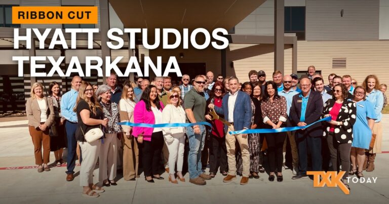 Crowd gathered for the ribbon cutting outside Hyatt Studios Texarkana