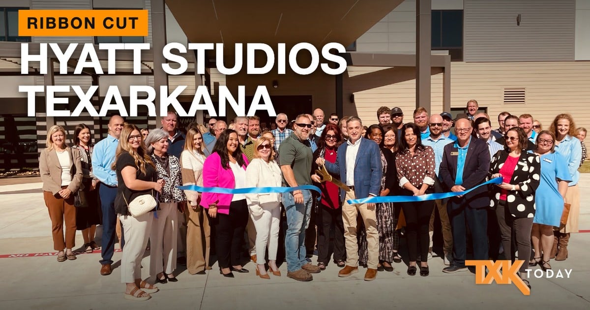 Crowd gathered for the ribbon cutting outside Hyatt Studios Texarkana