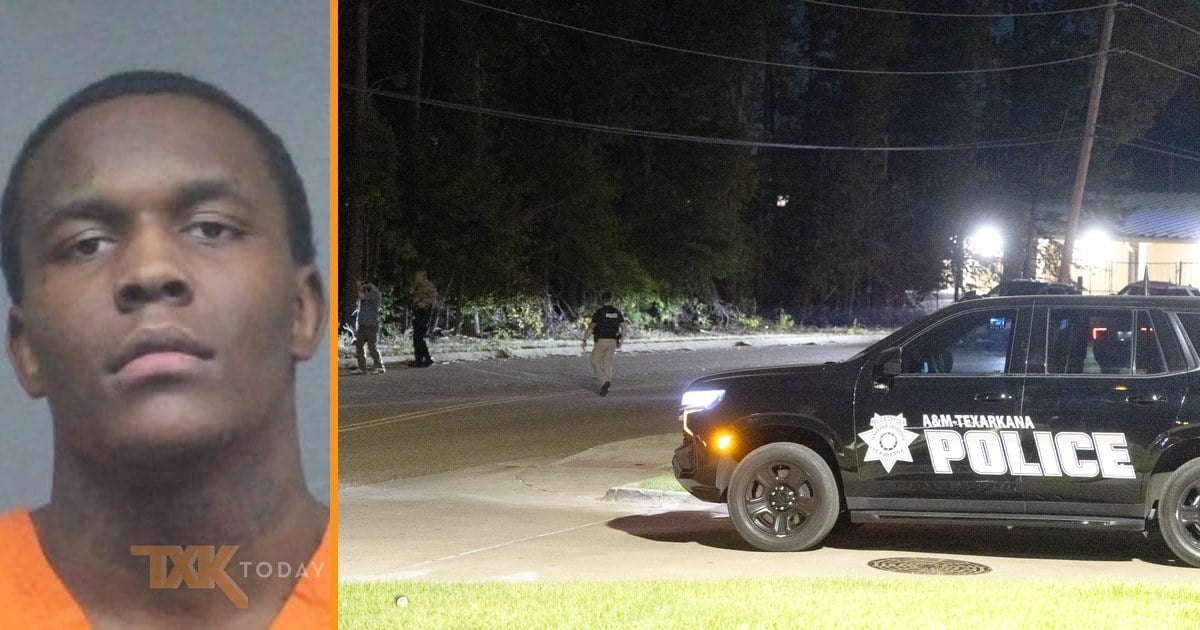 Booking photo of Omarion Owens beside officers searching a street and wooded area at night next to an A&M-Texarkana police vehicle