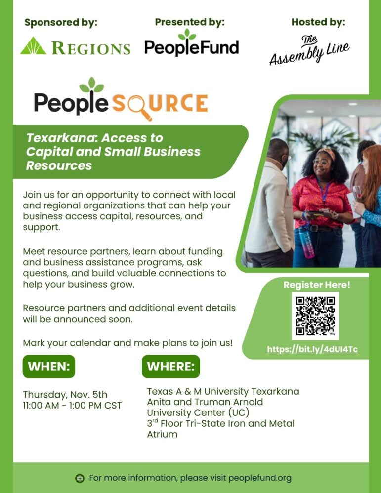 Flyer for PeopleSource: Access to Capital and Small Business Resources, 11 a.m. to 1 p.m. Thursday, Nov. 5, at Texas A&M University-Texarkana