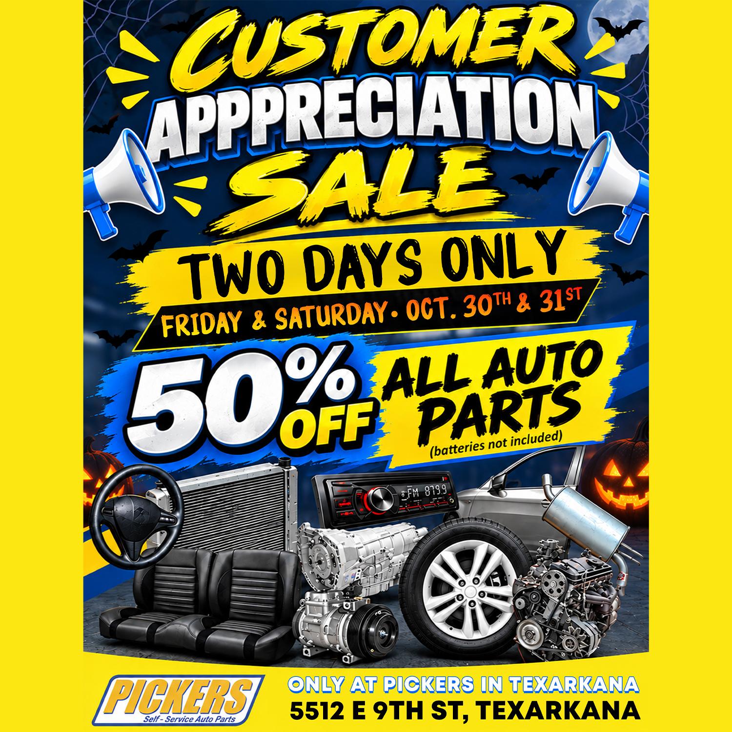 Pickers Self-Service Auto Parts Takes 50% Off All Auto Parts in Two-Day Customer Appreciation Sale