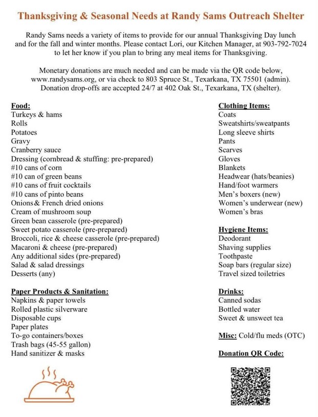 Randy Sams Outreach Shelter Thanksgiving and seasonal needs flier