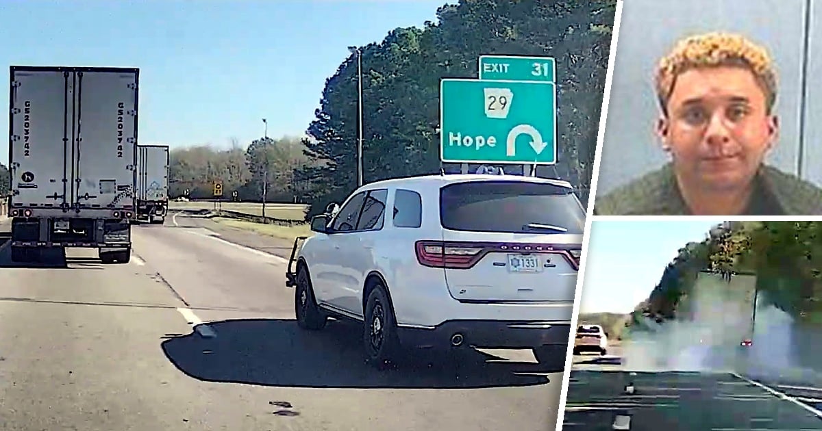 Dash camera images show an Arkansas State Police unit beside the semi at the Exit 31 Hope sign on Interstate 30, the driver’s booking photo, and smoke from the semi’s tire